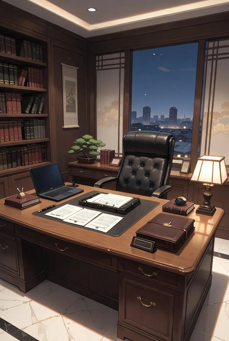 Atmosph&auml;rische Vorstellung einer General-Counsel-Arbeitsumgebung &mdash; Schreibtisch mit Akten, Bibliothek im Hintergrund, Stadt bei Nacht.