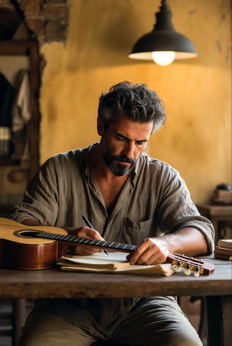 &Auml;lterer Mann mit grauem Bart, schreibt mit Stift, Gitarre auf dem Tisch.