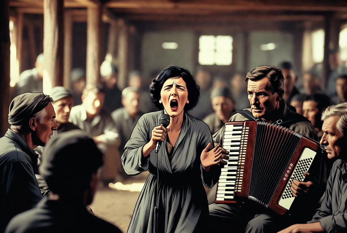 Frau singt vor einer Gruppe Soldaten in einer Lagerhalle.