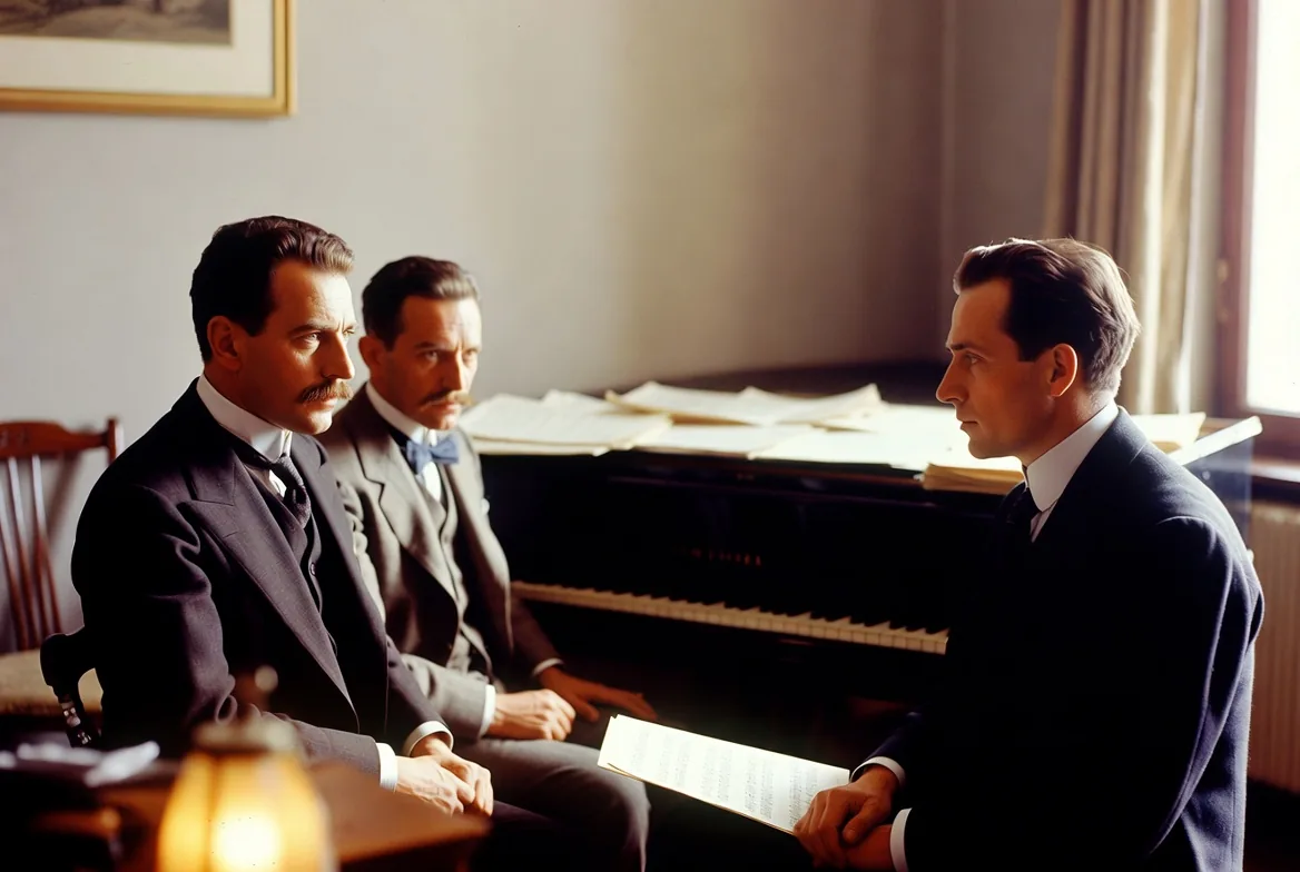 Drei M&auml;nner im Wiener Salon mit Klavier und Notenbl&auml;ttern, in Gespr&auml;ch vertieft.